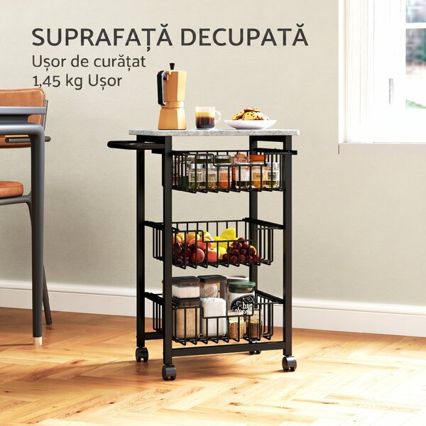 HOMCOM Cărucior de bucătărie cu 3 coșuri și mâner, din oțel și lemn, 49,5x31x69 cm, negru și gri deschis | Aosom Romania