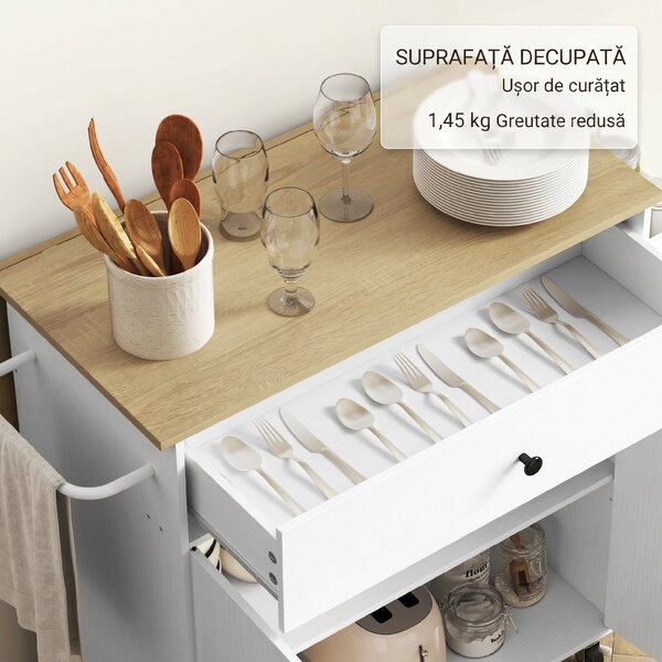 HOMCOM Insulă de Bucătărie cu Sertar, Dulap, Suport pentru Condimente și Suport pentru Prosoape, 106x42x87 cm, Alb și Stejar | Aosom Romania