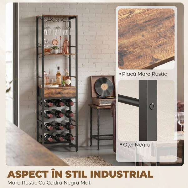 HOMCOM Dulap de Bar, Mobilier de Bar cu Sertar și Suport pentru Pahare, Maro Rustic | Aosom Romania