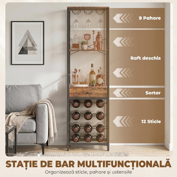 HOMCOM Dulap de Bar, Mobilier de Bar cu Sertar și Suport pentru Pahare, Maro Rustic | Aosom Romania