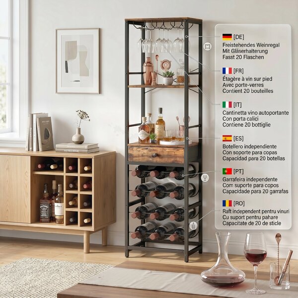 HOMCOM Dulap de Bar, Mobilier de Bar cu Sertar și Suport pentru Pahare, Maro Rustic | Aosom Romania