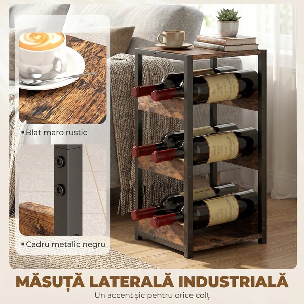 HOMCOM Suport Vin, Rafturi Ondulate, Picioare Reglabile, Maro Rustic, Negru | Aosom Romania
