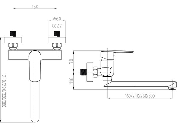 Mereo Mereo, Baterie de perete pentru chiuvetă Mereo, Pego, 150 mm, cu braț plat și drept 300 mm, cromat, MER-CB30206P