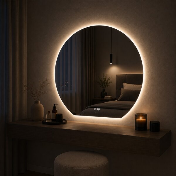 Mereo, Oglindă rotundă Mereo cu muchie dreaptă 800x740 mm, iluminare ambientală LED și dezaburitor, MER-CN185
