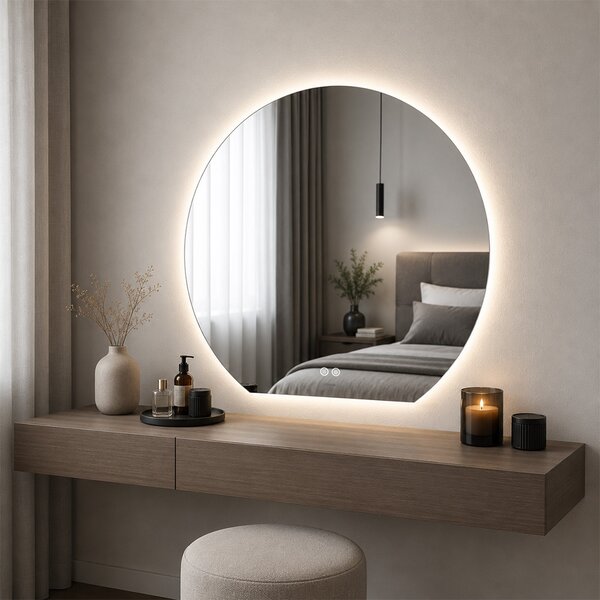 Mereo, Oglindă rotundă Mereo cu muchie dreaptă 800x740 mm, iluminare ambientală LED și dezaburitor, MER-CN185