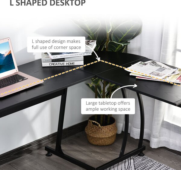 HOMCOM Birou în Colț Spațios din Lemn cu Cadru din Metal, Design Modern pentru Acasă sau Birou, Multifuncțional, Negru, 112.5x152x74cm | Aosom Romania