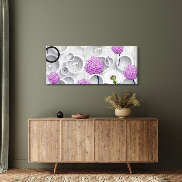 Tablou cu abstracție 3D cu cercuri și flori (120x50 cm)