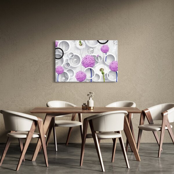 Tablou cu abstracție 3D cu cercuri și flori (90x60 cm)