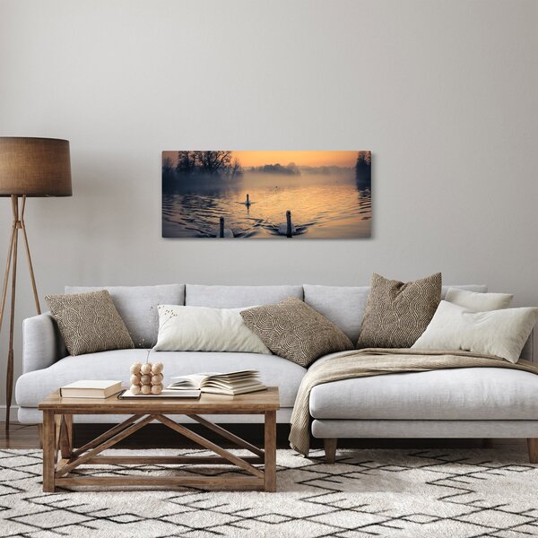 Tablou cu lebăde pe apă în ceață (120x50 cm)
