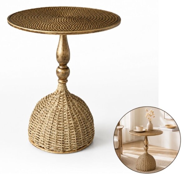 Măsuță laterală rotundă cu blat metalic și bază împletită, stil boho-rustic, Ø40 x 51 cm, STL29, eCarla