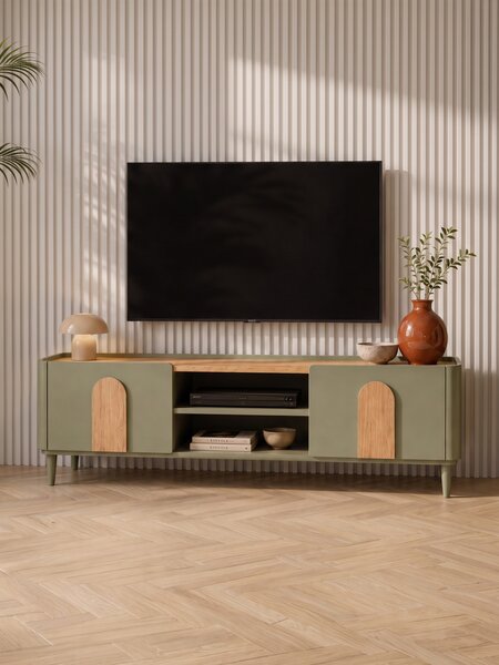 Comodă TV Amilio 170 cm cu sertar - eucalipt / stejar baltic dune / mânere stejar natural