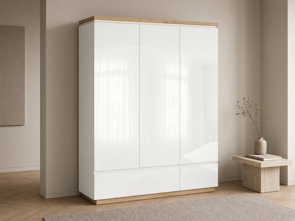 Dulap Lordune 114, Alb lucios, Alb, Stejar, 206x163x53cm, 91.4 kg, Uși dulap: Cu balamale, Numărul de rafturi: 3, Numărul de rafturi: 3