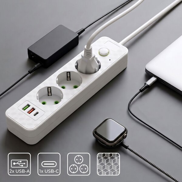 Prelungitor Multipriză 3 prize + 2x USB-A + USB-C JNH020-3A White
