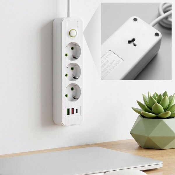 Prelungitor Multipriză 3 prize + 2x USB-A + USB-C JNH020-3A White