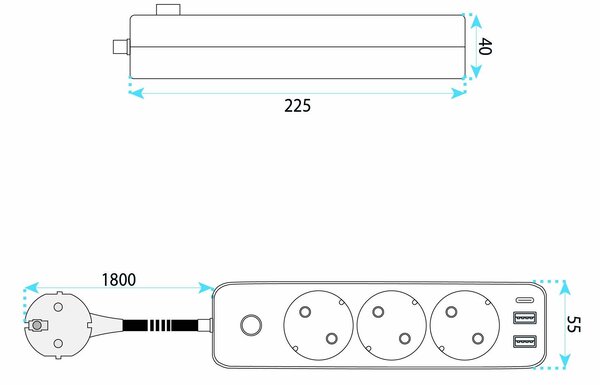 Prelungitor Multipriză 3 prize + 2x USB-A + USB-C JNH020-3A White