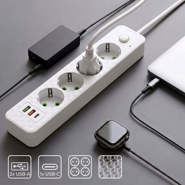 Prelungitor Multipriză 4 prize + 2x USB-A + USB-C JNH021-4A White