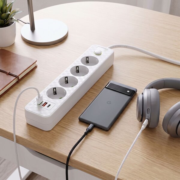 Prelungitor Multipriză 4 prize + 2x USB-A + USB-C JNH021-4A White