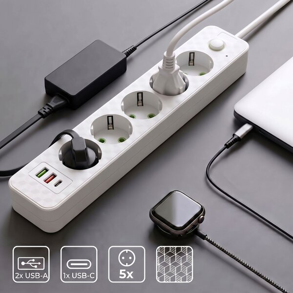 Prelungitor Multipriză 5 prize + 2x USB-A + USB-C JNH022-5A White