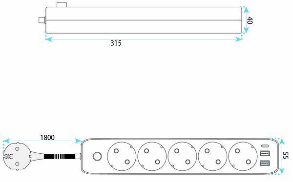 Prelungitor Multipriză 5 prize + 2x USB-A + USB-C JNH022-5A White