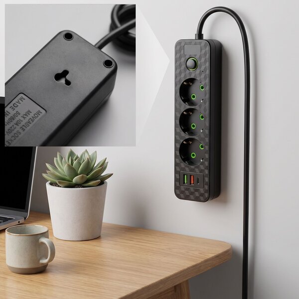 Prelungitor Multipriză 3 prize + 2x USB-A + USB-C JNH020-3A Black