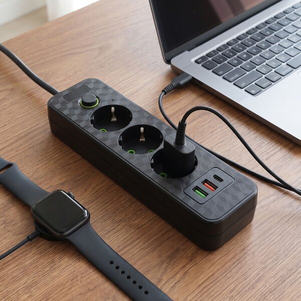 Prelungitor Multipriză 3 prize + 2x USB-A + USB-C JNH020-3A Black