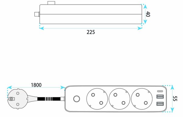 Prelungitor Multipriză 3 prize + 2x USB-A + USB-C JNH020-3A Black