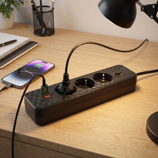 Prelungitor Multipriză 3 prize + 2x USB-A + USB-C JNH020-3A Black