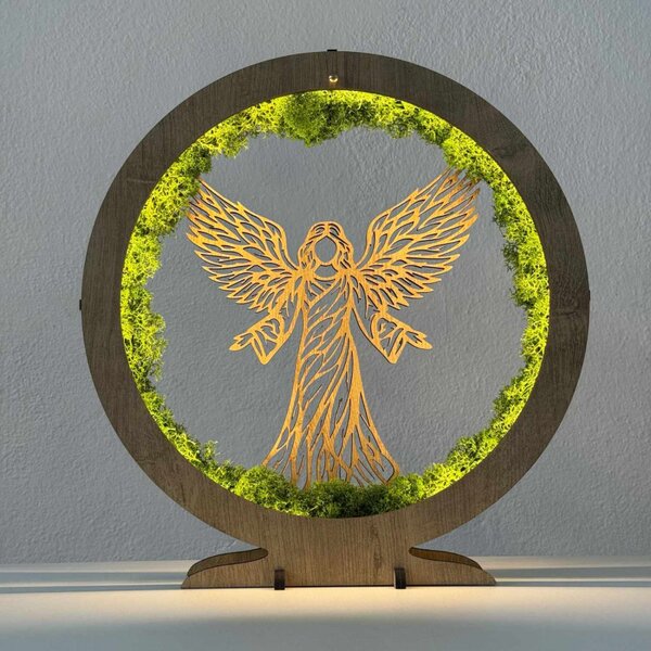 Înger LED cu mușchi – decor luminos din lemn | GRACE