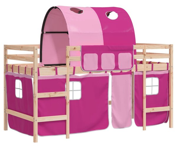 Pat etajat de copii cu tunel roz 80x200 cm lemn masiv pin