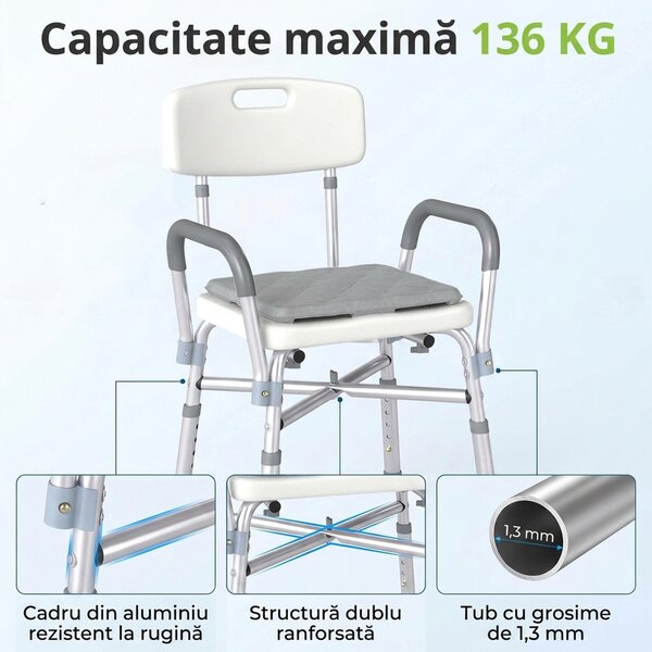 HOMCOM Scaun de Baie din Aluminiu Reglabil, cu Spătar și Brațe, Pernă Moale, Antialunecare, Alb | Aosom Romania