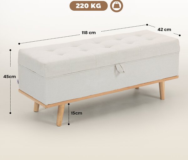 HOMCOM Taburet depozitare 80L, material textil, picioare lemn, 118x42x45 cm, crem | Aosom Romania