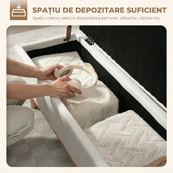 HOMCOM Taburet depozitare 80L, material textil, picioare lemn, 118x42x45 cm, crem | Aosom Romania