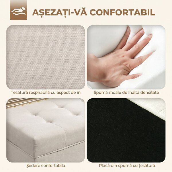 HOMCOM Taburet depozitare 80L, material textil, picioare lemn, 118x42x45 cm, crem | Aosom Romania