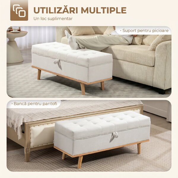 HOMCOM Taburet depozitare 80L, material textil, picioare lemn, 118x42x45 cm, crem | Aosom Romania