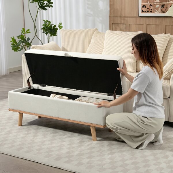 HOMCOM Taburet depozitare 80L, material textil, picioare lemn, 118x42x45 cm, crem | Aosom Romania