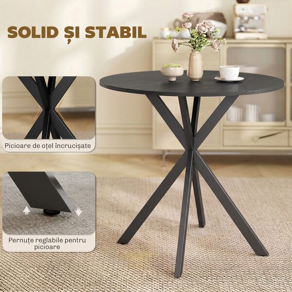 HOMCOM Masă Rotundă de Dining în Stil Industrial cu Picioare în Cruce din Oțel, Ø80x75 cm, Negru | Aosom Romania