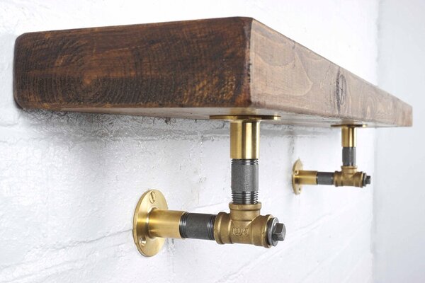 Raft de perete in stil industrial, Hatfield, 60x15x20 cm, auriu/negru/nuc