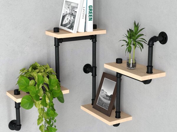 Raft de perete in stil industrial, Lisaroon, 80x60x20 cm, natur/negru