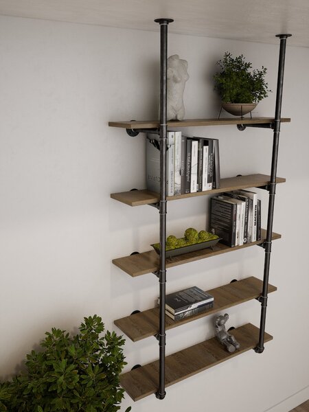 Biblioteca in stil industrial, Wareham, 60x120x20 cm, negru/nuc