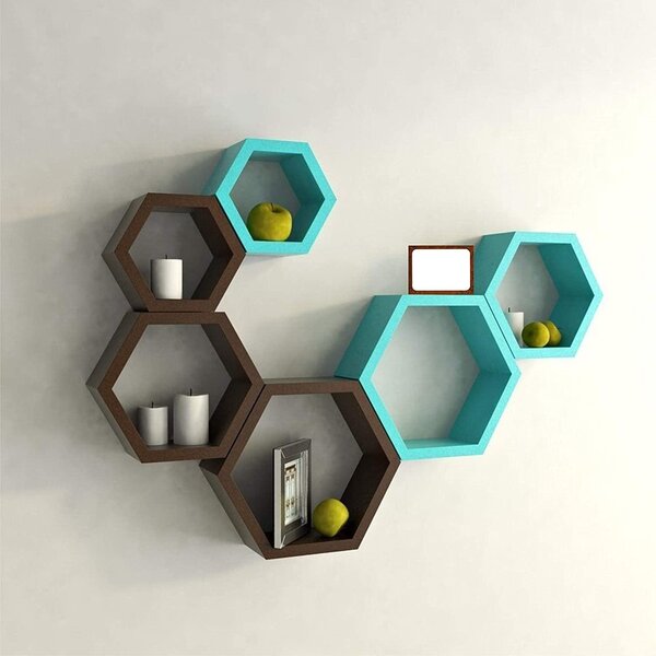 Set 6 rafturi de perete din lemn, in forma hexagonala, cu prindere ascunsa, Circus, bleu/maro, 37,5 x 32,5 x 9,5 cm, 32,5 x 28 x 9,5 cm, 27,5 x 24 x 9