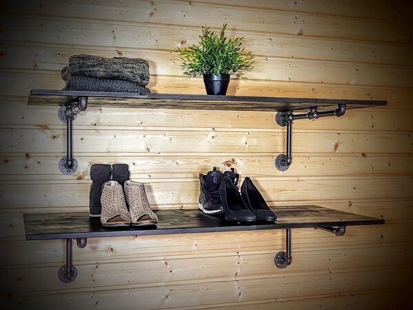 Set 2 rafturi de perete in stil industrial, Madresfield, 60x25x30 cm, negru
