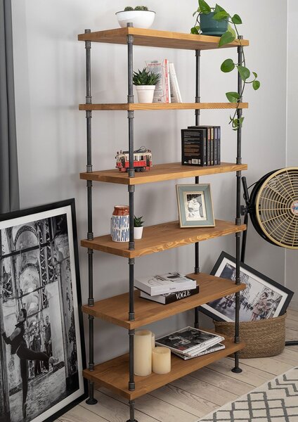 Biblioteca in stil industrial, Edzell, 60 x 110 x 20 cm, negru/nuc