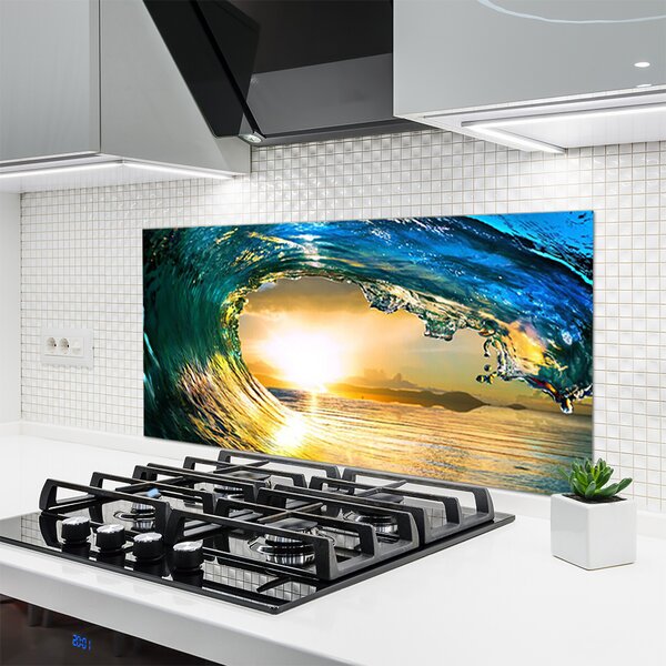 Panou sticla bucatarie Wave Sea Sunset Natura Albastru Galben