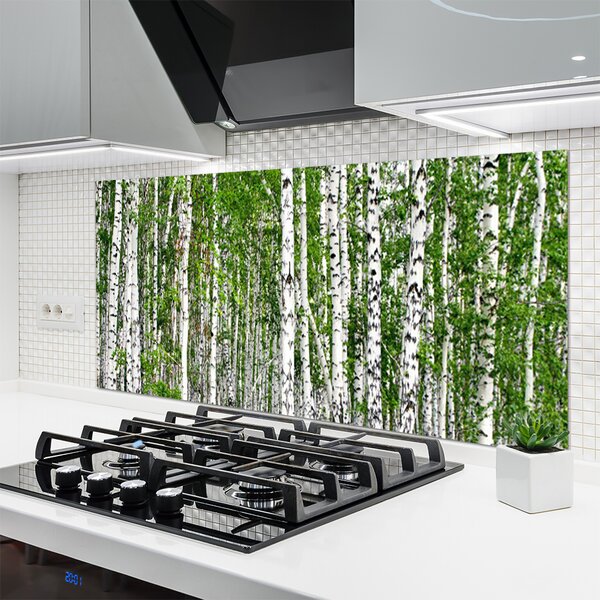 Panou sticla bucatarie Birch Forest Copaci Natura Verde Alb