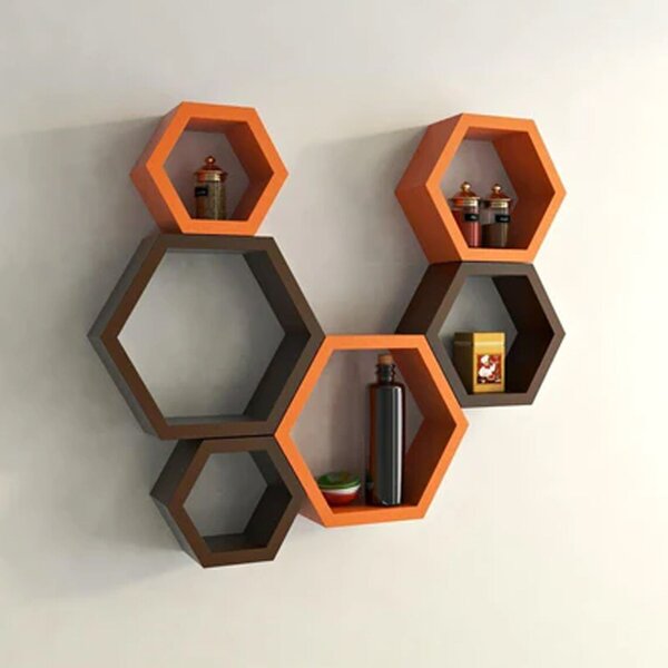 Set 6 rafturi de perete din lemn, in forma hexagonala, cu prindere ascunsa, Circus, orange/maro 37,5 x 32,5 x 9,5 cm, 32,5 x 28 x 9,5 cm, 27,5 x 24 x