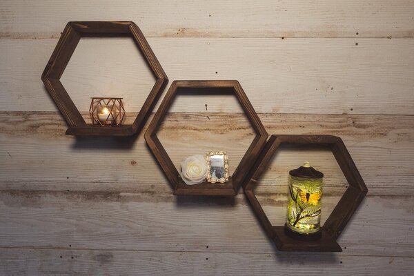 Set 3 rafturi de perete din lemn, in forma hexagonala, cu prindere ascunsa, Kapak, palisandru, 37,5 x 32,5 x 20 cm
