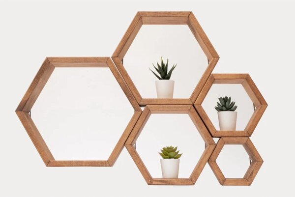 Set 5 rafturi hexagonale din lemn cu prindere ascunsa, Austin, natur