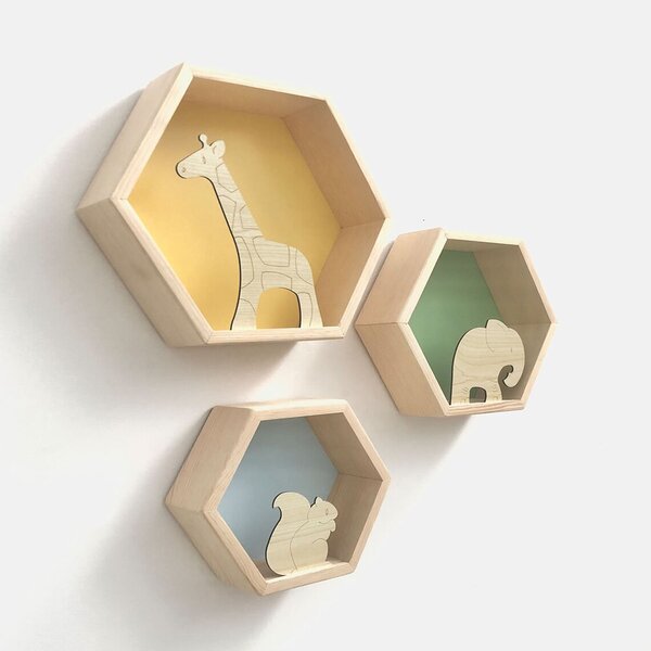 Set 3 rafturi de perete din lemn in forma hexagonala, Toddler, tricolor
