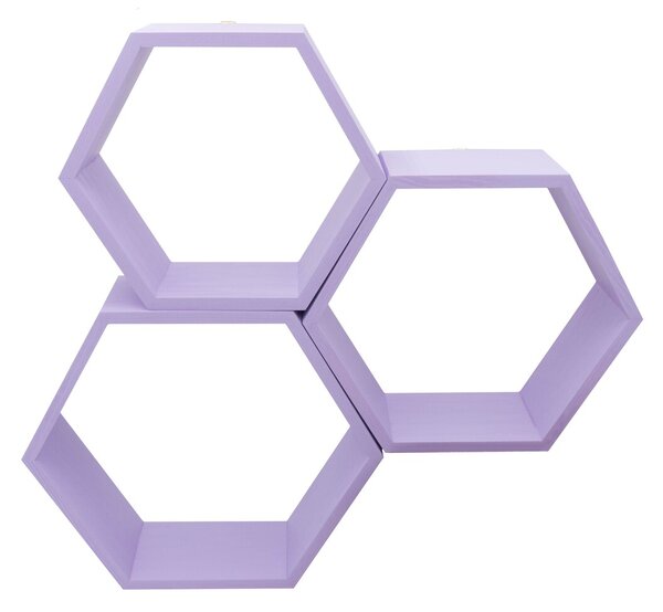 Set 3 rafturi de perete din lemn in forma hexagonala Carnival mov