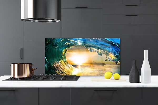 Panou sticla bucatarie Wave Sea Sunset Natura Albastru Galben